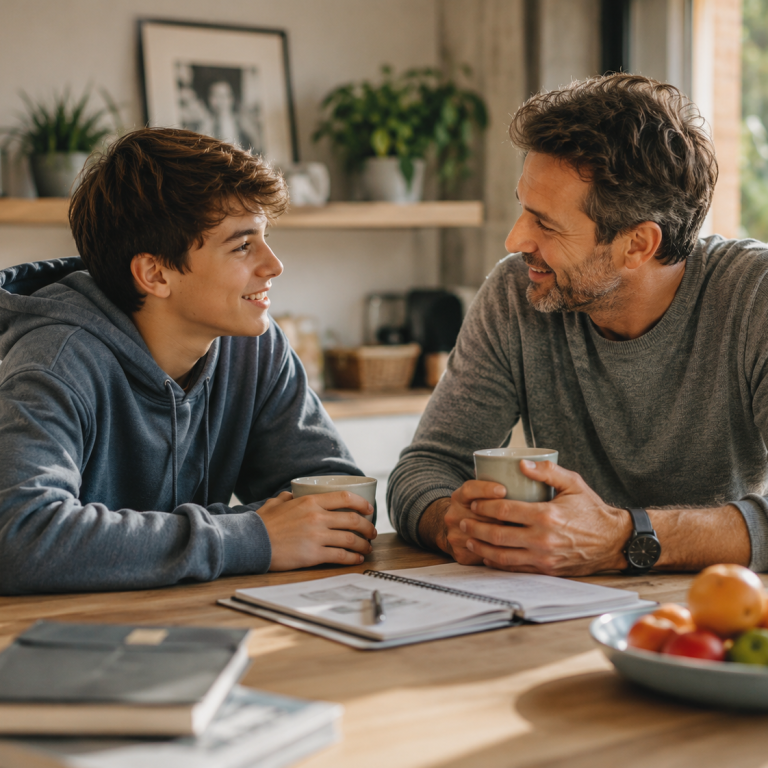 Adolescent et adulte échangeant autour d’un cahier à la maison